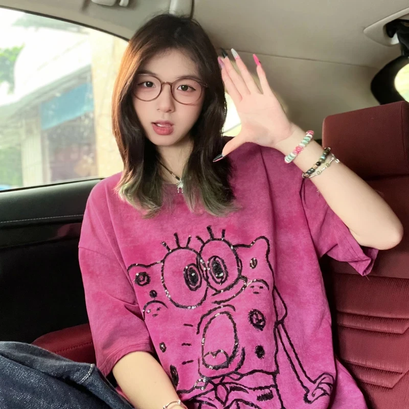 2025新款美式复古卡通绣花短袖t恤女宽松休闲百搭小众设计感上衣