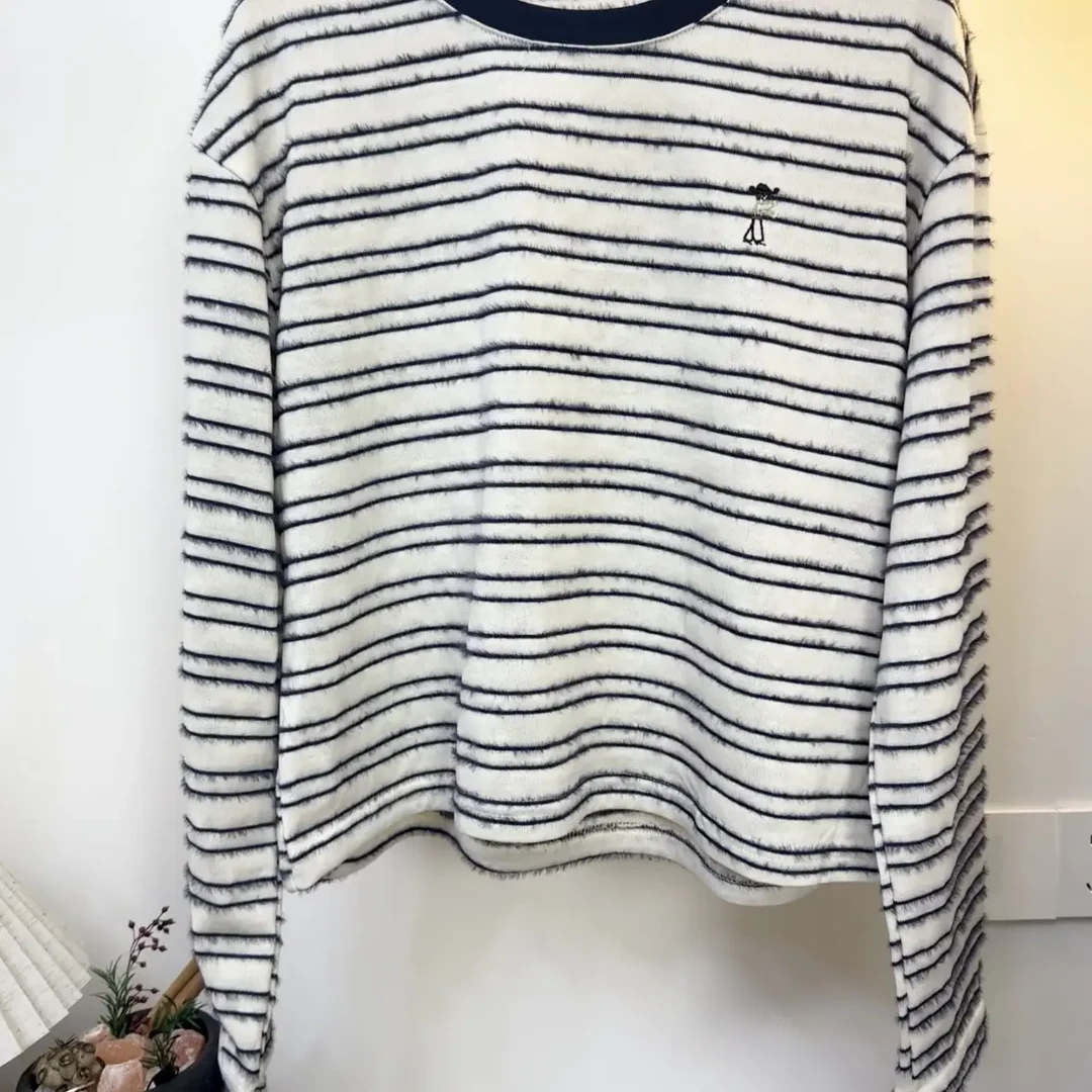 复古条纹刺绣圆领长袖T恤女宽松慵懒小众减龄秋季上衣