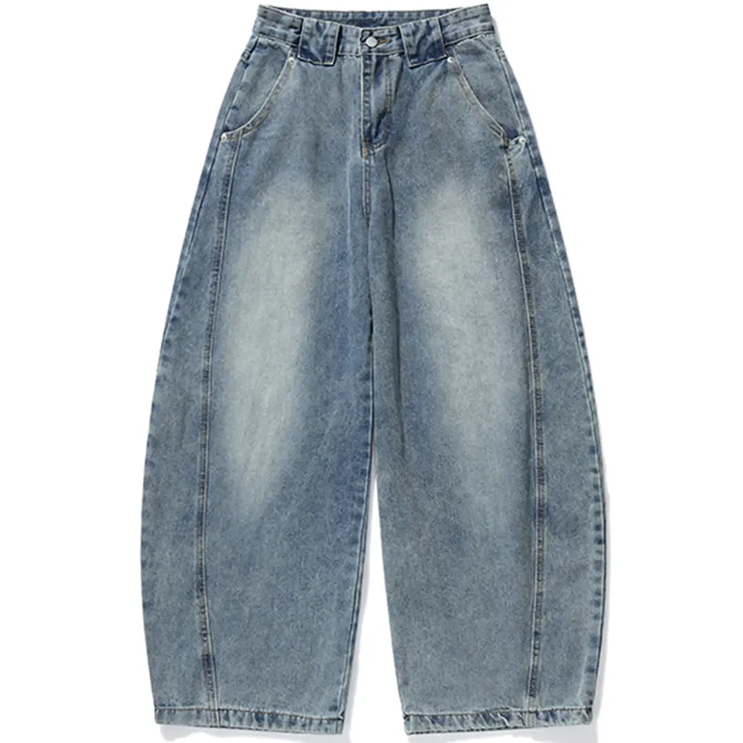 美式高街廓形弯刀裤男cleanfit潮牌复古休闲宽松水洗闪电纹牛仔裤