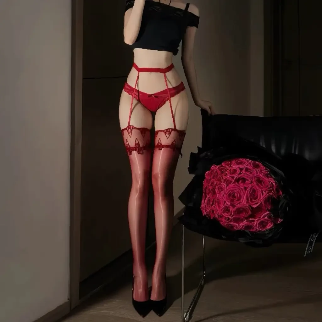 极光性感红色爱心刺绣蕾丝吊带丝袜油亮纯欲一体式黑丝吊带长筒袜