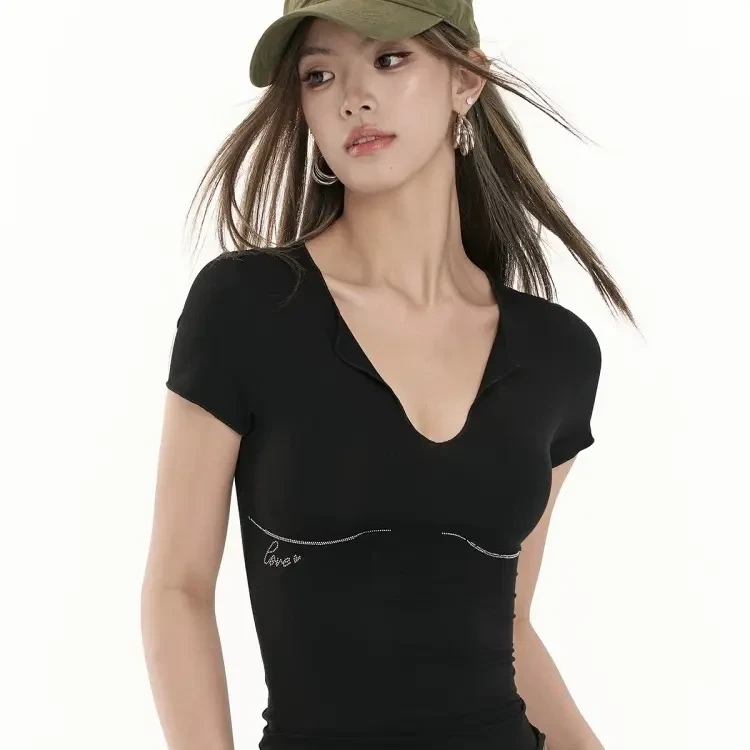新款夏季辣妹风烫钻修身V领短袖T恤内搭上衣