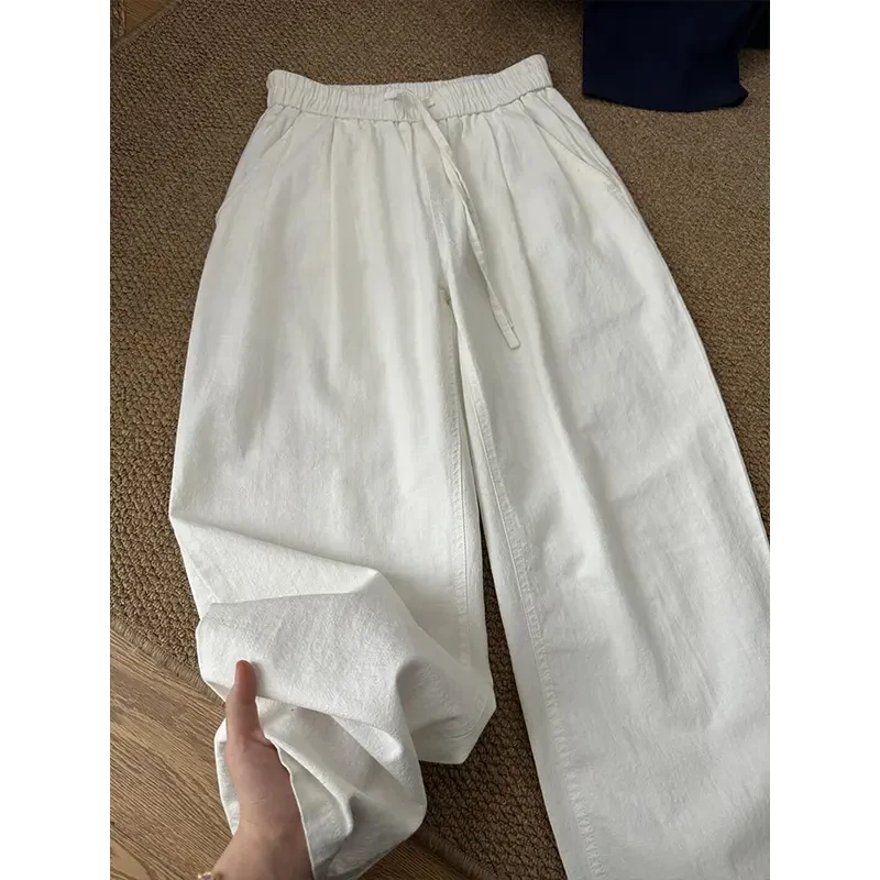 白色亚麻阔腿裤男夏季薄款慵懒松弛感防晒棉麻裤子休闲直筒山本裤