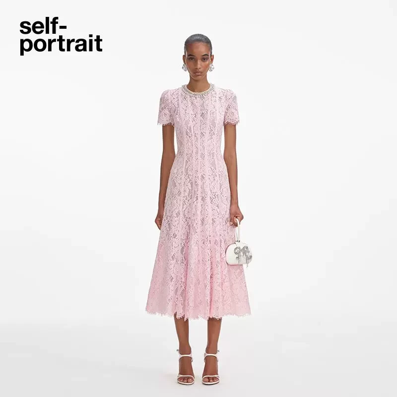 self-portrait2025春夏新款粉红色钻饰短袖蕾丝连衣裙出游服装女