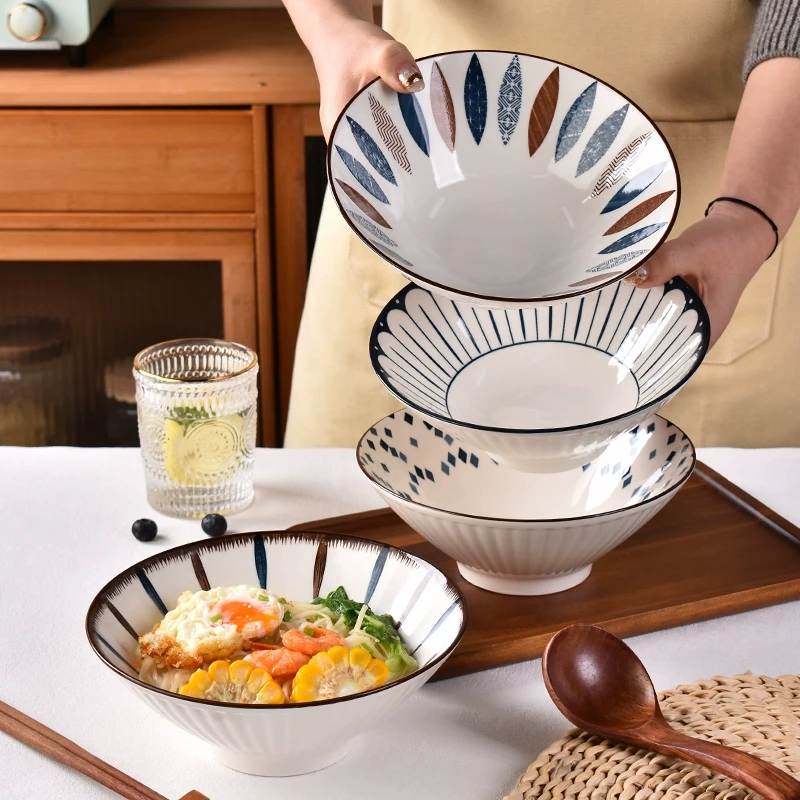 4只装8英寸拉面碗釉下彩餐具新款日式斗笠碗陶瓷家用面碗面条碗