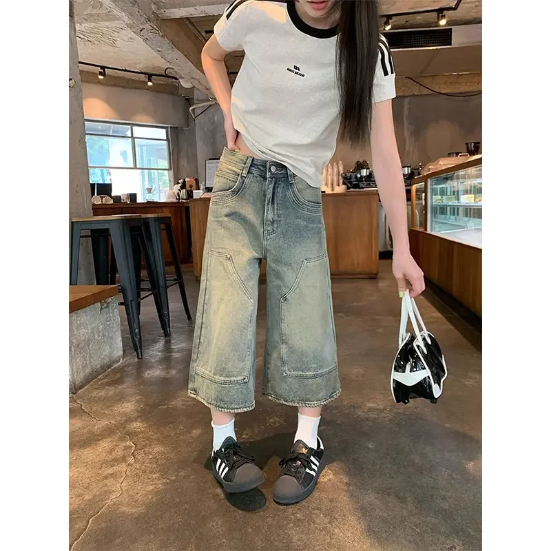 2025夏季新款美式复古高腰八分牛仔裤女时尚百搭宽松阔腿直筒裤子