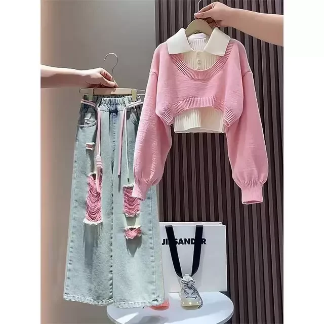 女童三件套装春装2025新款韩版小女孩中大童春秋季爆款毛衣牛仔裤