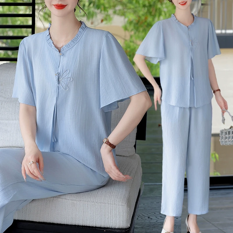 妈妈装夏装套装短袖洋气宽松遮肚上衣中老年女母亲衣服夏季两件套