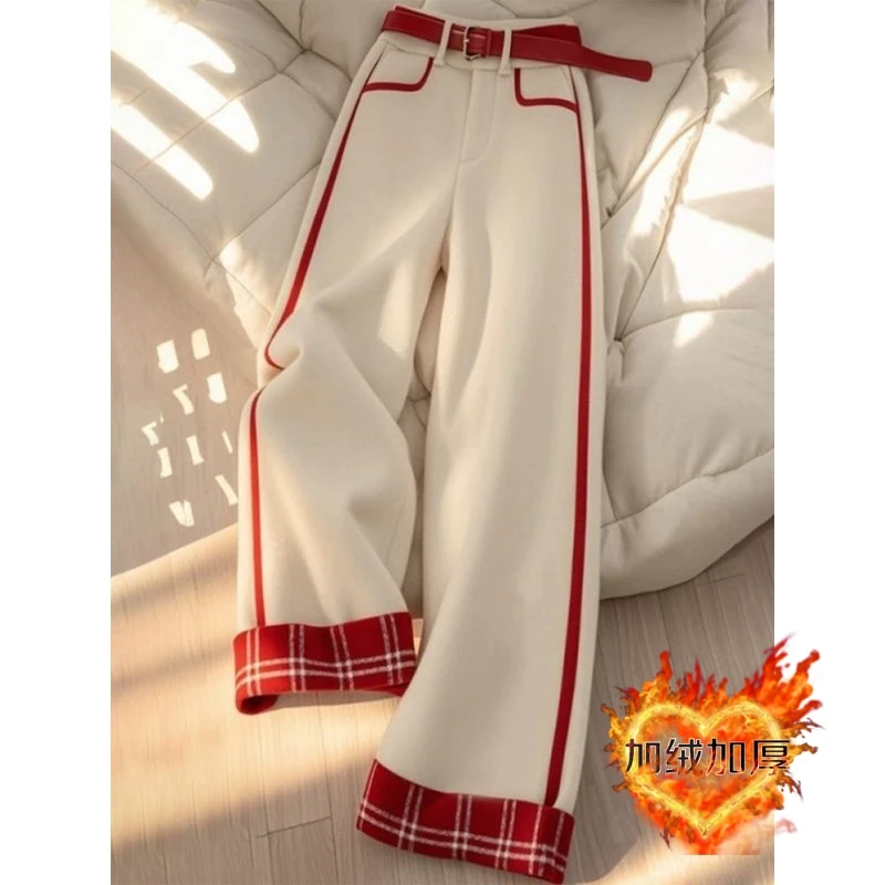 白色格纹拼接直筒休闲裤女秋冬季小个子高腰显瘦加绒加厚阔腿长裤