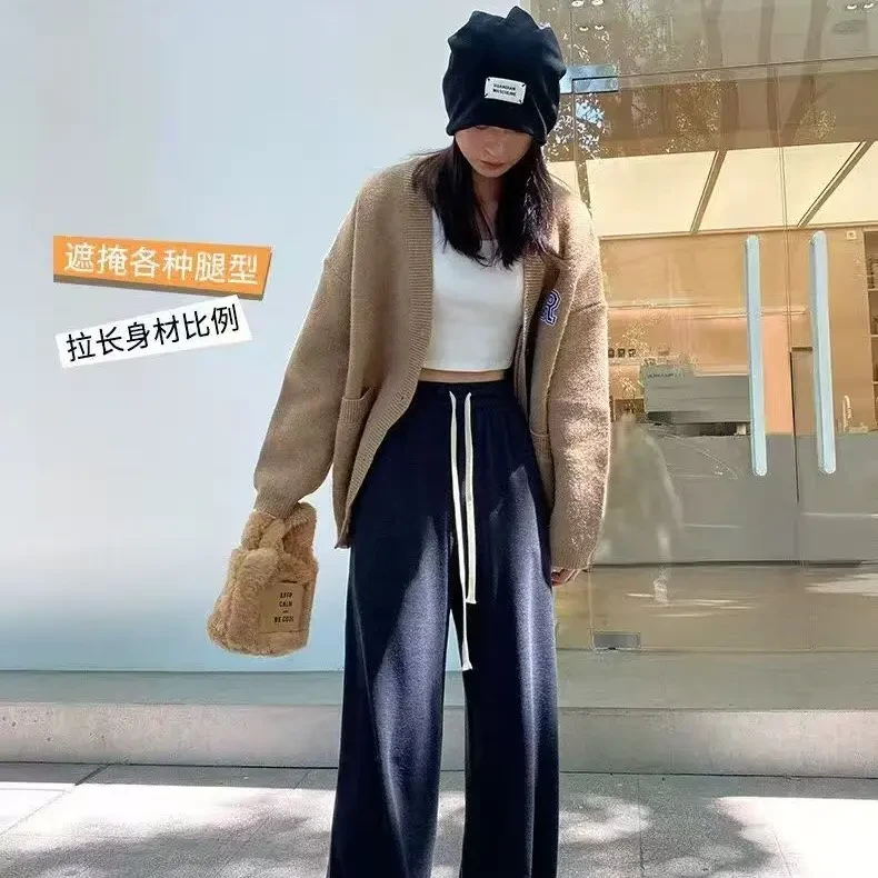 秋冬季新款女高腰直筒深灰色黑色藏青色糯米休闲阔腿裤显瘦百搭