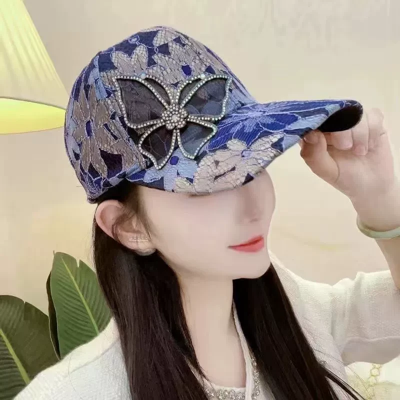 夏季帽子女蝴蝶结蕾丝水钻薄款透气户外防晒棒球帽百搭潮鸭舌帽