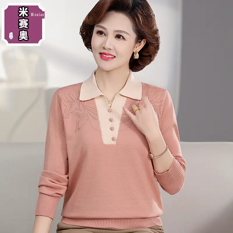 2025新款洋气妈妈装中年春季时尚长袖针织衫50岁中老年宽松毛衣