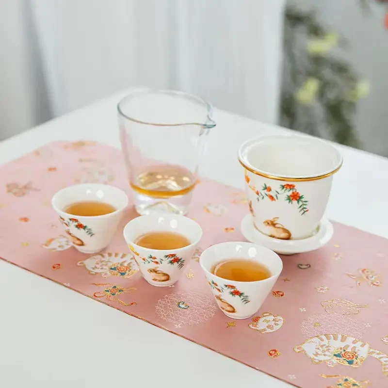 德化陶瓷羊脂玉瓷双兔望月手工户外创意一壶三杯旅行套装H133