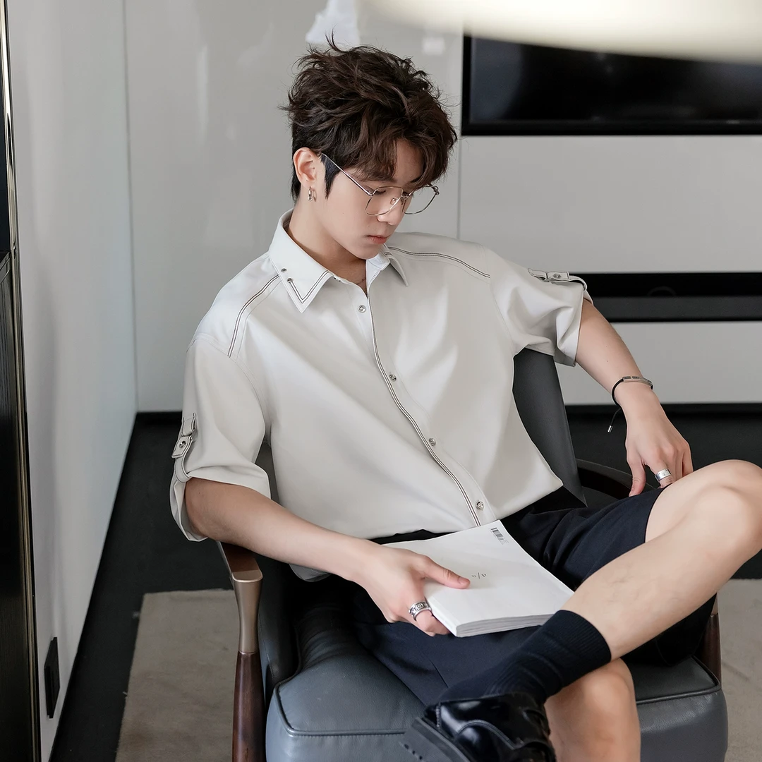 CHICERRO西西里男装小众设计感明线撞钉衬衫短袖休闲宽松时尚潮牌