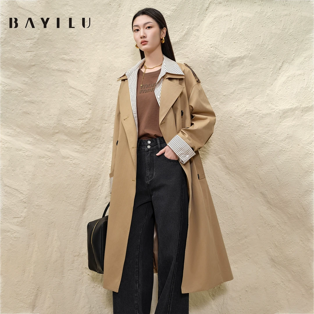 【初依】芭依璐2025春季风衣女宽松双排扣长款外套91F6003