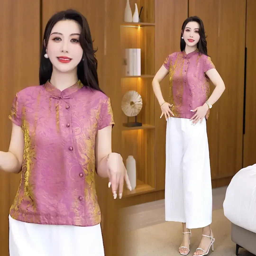 夏季新款时尚气质宽松显瘦新中式国风粉色立领盘扣短袖T恤上衣女