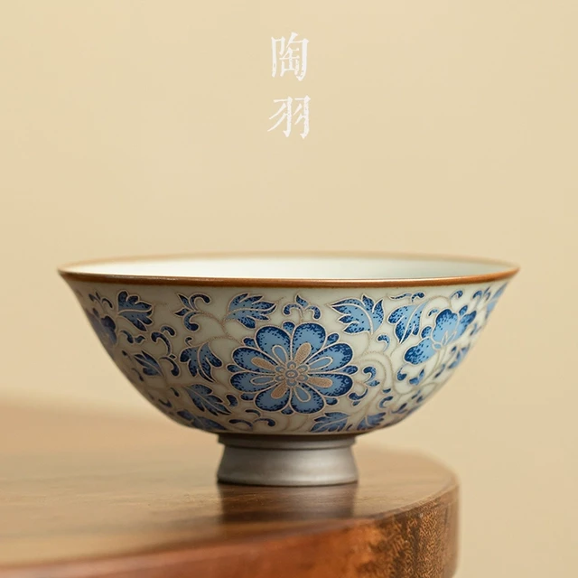 汝窑缠枝莲银线斗笠杯个人专用品茗杯陶瓷开片家用茶杯茶碗主人杯