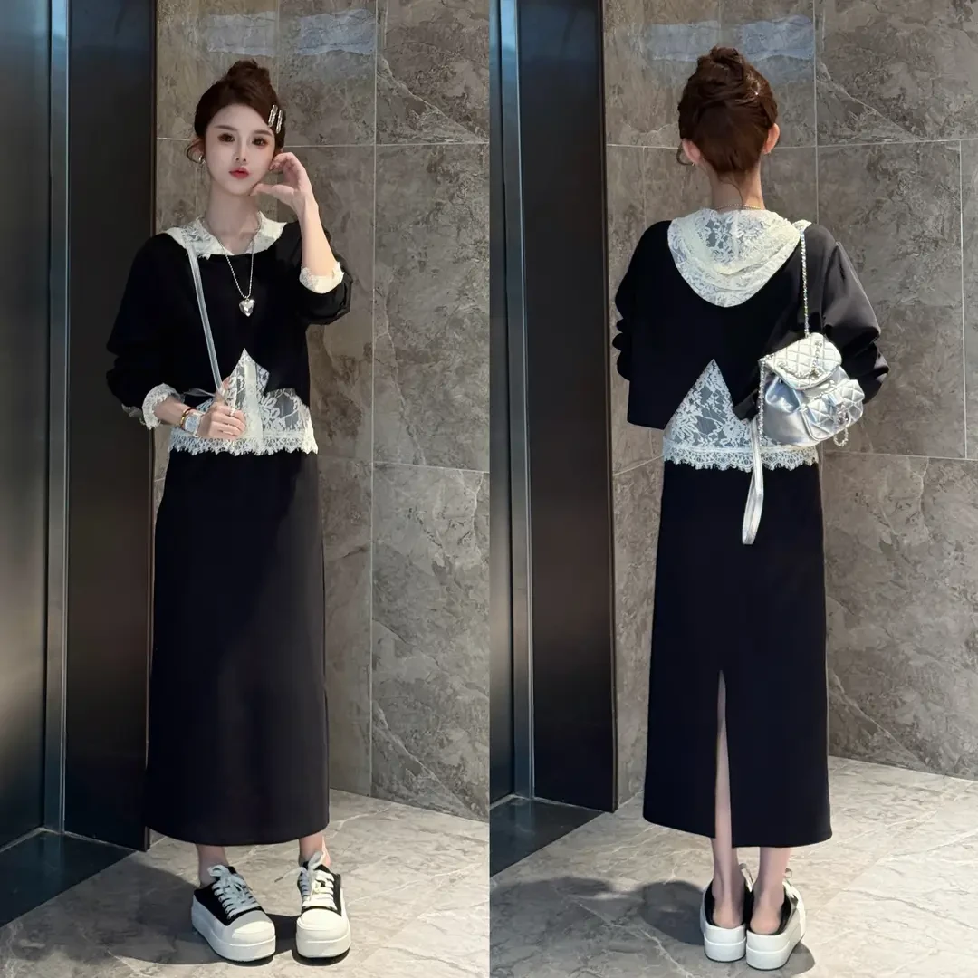 2025春季新款韩系慵懒通勤蕾丝连帽后背开叉减龄套装118-9