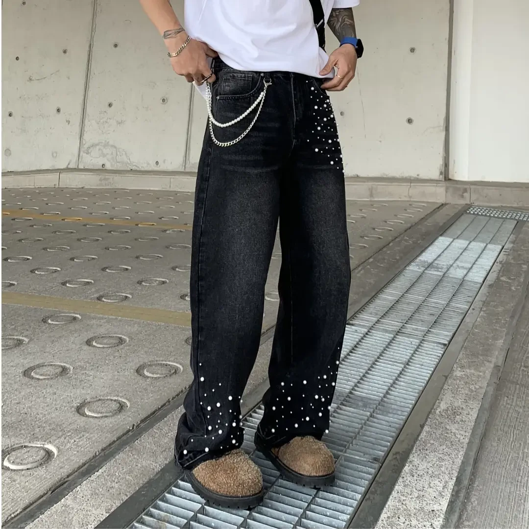 美式高街潮牌直筒男士牛仔裤个性钉珠时尚休闲水洗阔腿长裤男