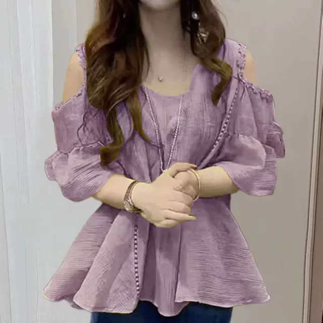 时尚露肩雪纺衫女2025夏季新款宽松大码洋气小衫减龄百搭衬衫上衣