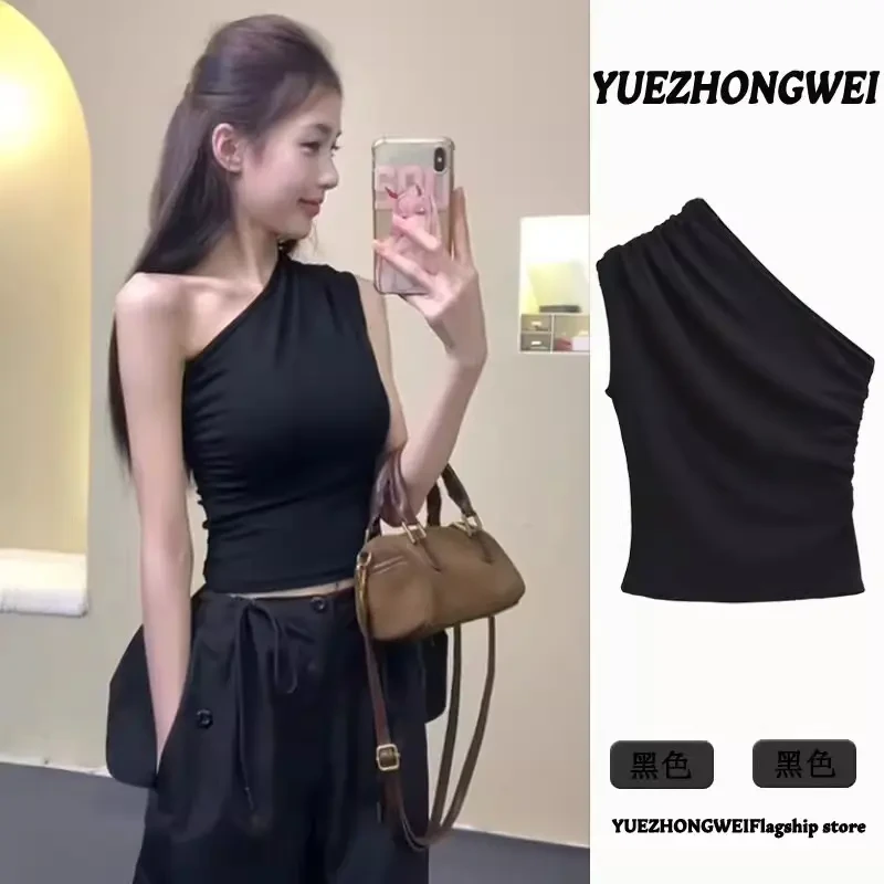 黑色斜肩背心女夏季外穿独特别致绝美辣妹短款无袖露肩甜辣小上衣