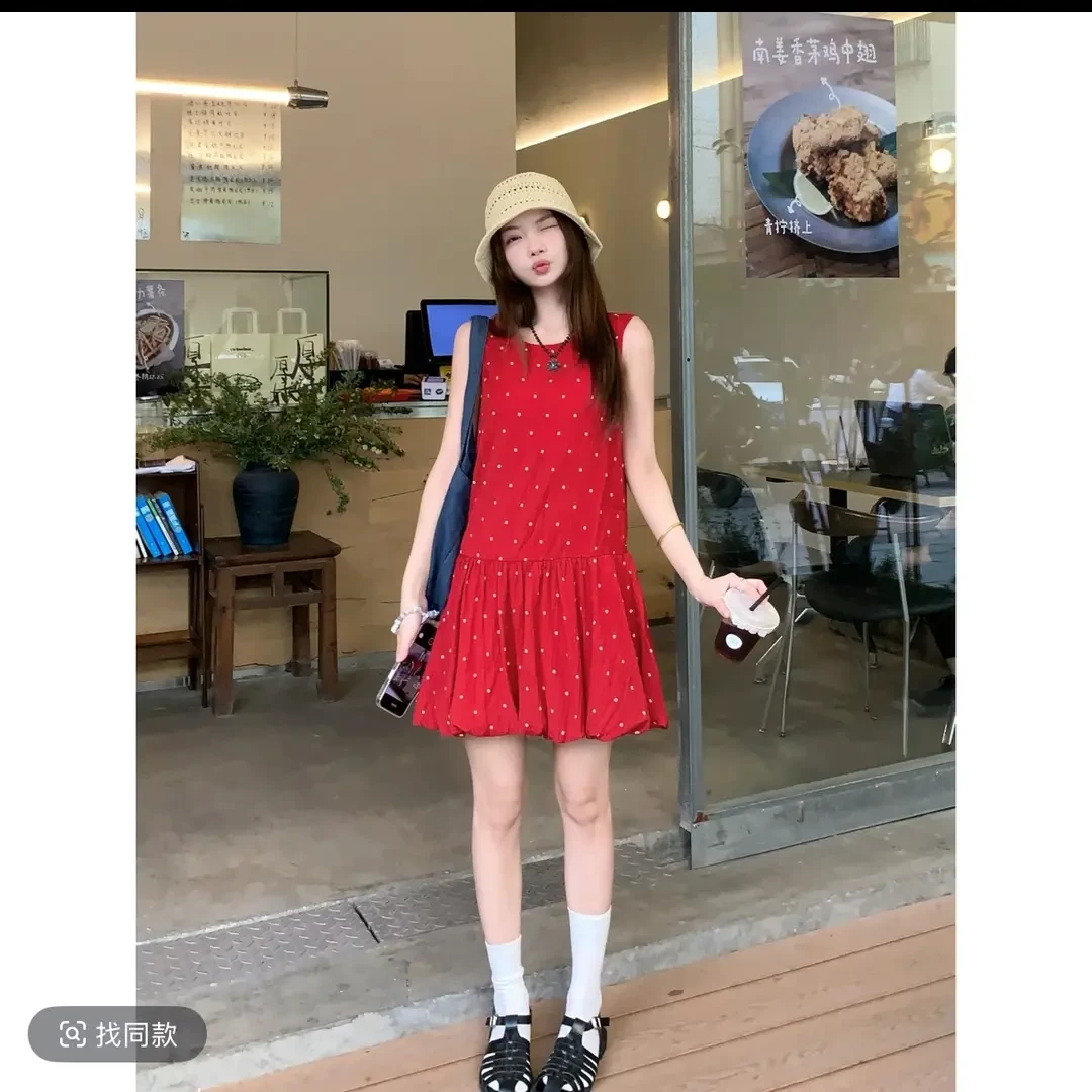 甜美红色波点背心气质连衣裙女夏季韩系小个子宽松蓬蓬花苞短裙