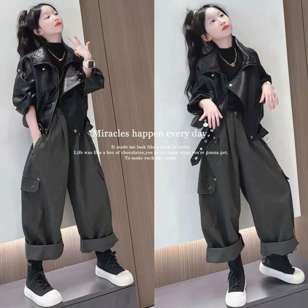 女童皮衣2025春秋新款皮外套秋装又酷又飒女孩潮酷夹克工装裤套装