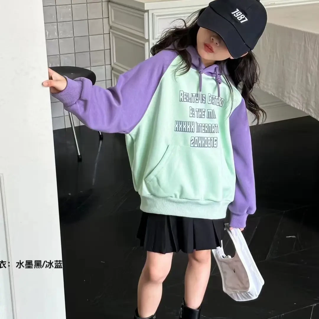 休闲韩版帽衫3600常规 运动风女时尚拼接女童春秋连帽卫衣大Ｅ春款