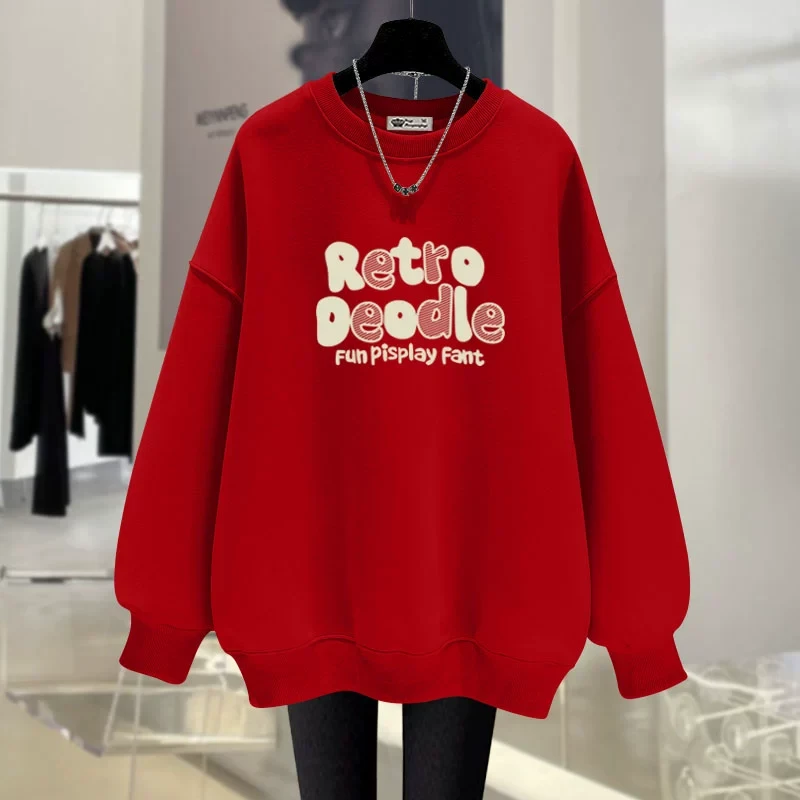 字母本命年大红色圆领卫衣女2025新款春秋冬加绒加厚设计感上衣潮
