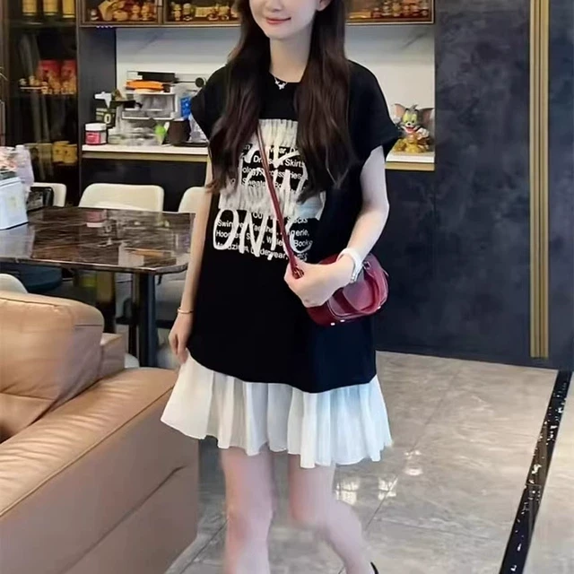 2025新款夏季圆领字母印花短袖连衣裙女宽松大码显瘦拼接T恤裙子