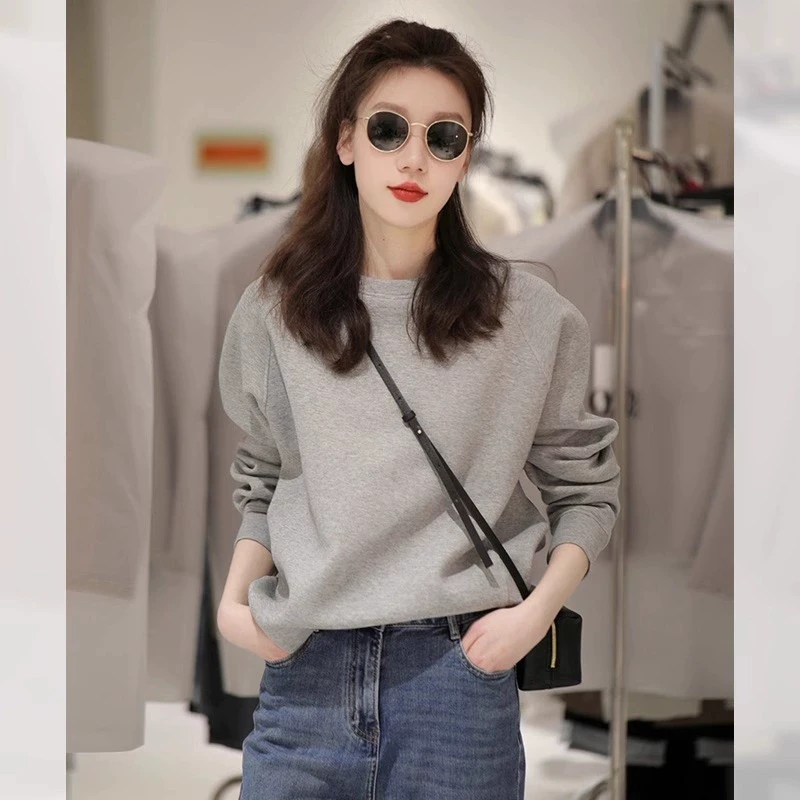 灰色圆领无帽卫衣女2025春春秋新款欧货今年流行爆款小个子上衣潮