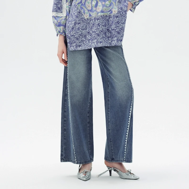 tanni25春新款高腰显瘦直筒阔腿九分甜美花边牛仔裤女TO11DE011A