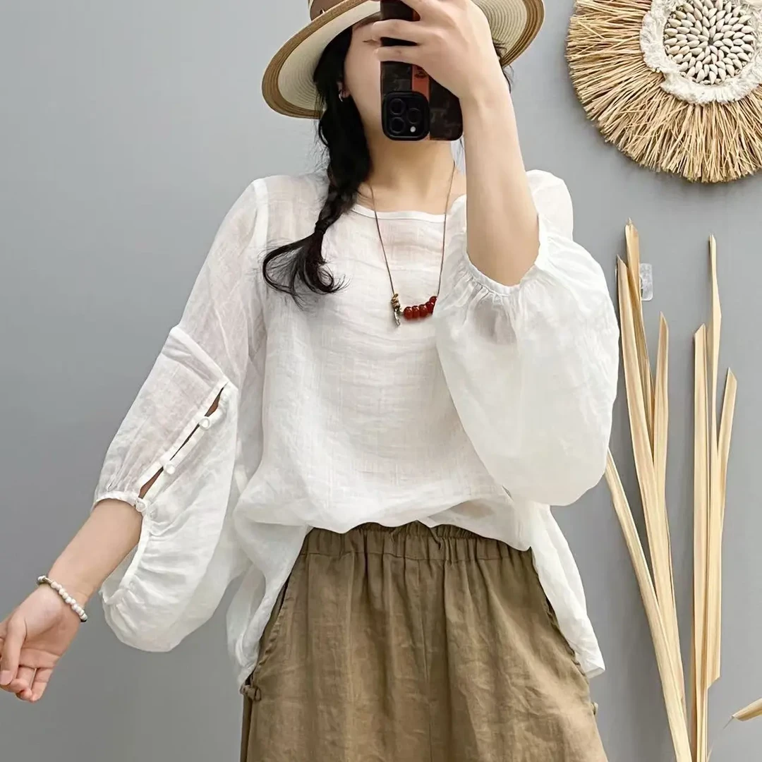 9938苎麻宽松圆领灯笼袖套头夏季简约休闲气质时尚纯色小衫上衣