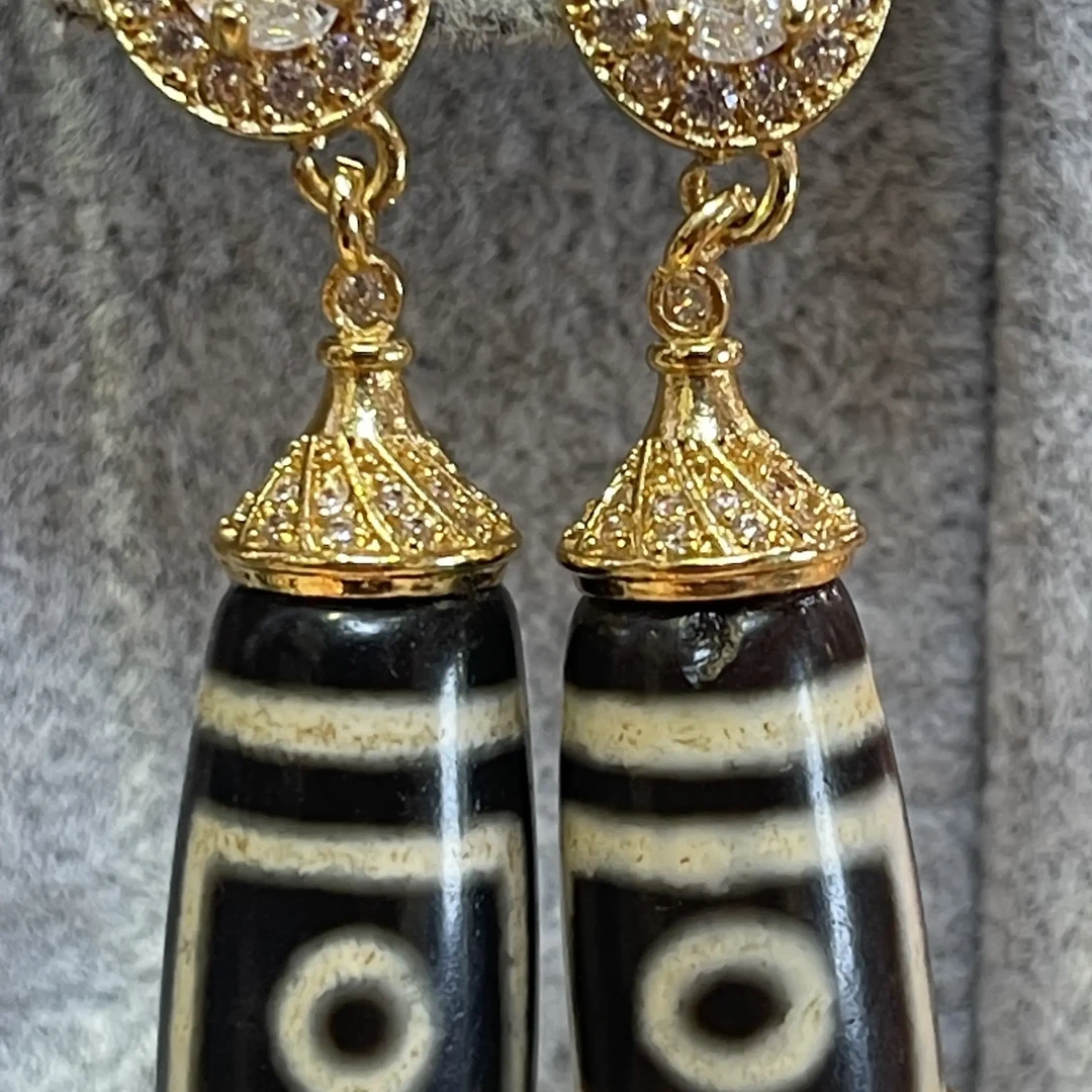 铜合金石英石耳饰 非金属藏式天珠民族风复古气质手工耳环百搭