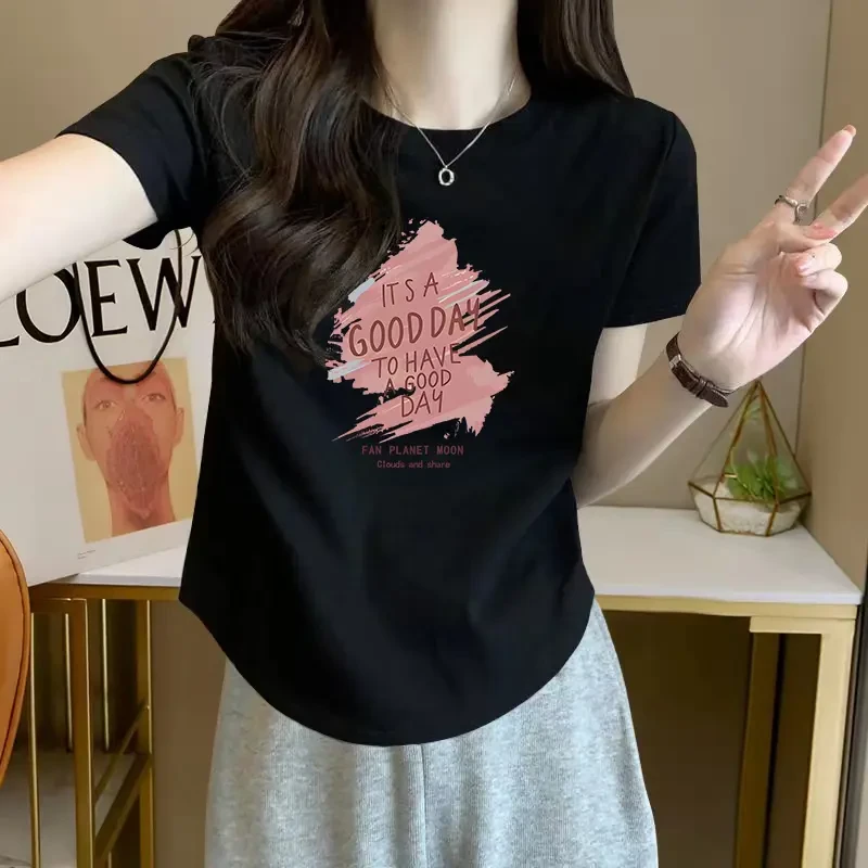 大码胖mm设计感圆弧下摆短袖T恤女士纯欲风辣妹修身显瘦上衣夏季