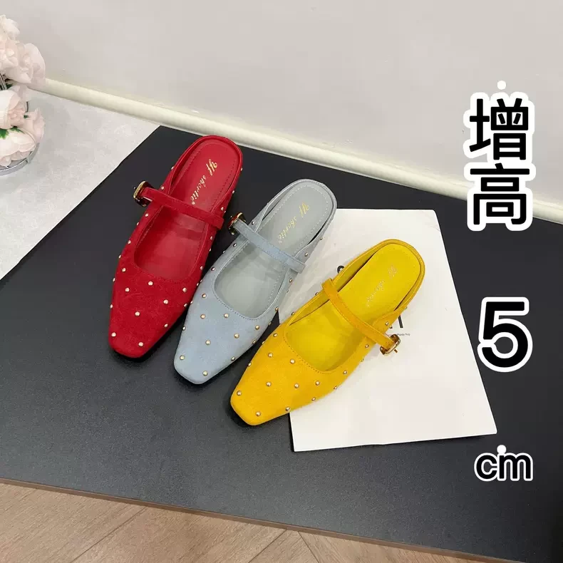 增高5cm金属一字扣带玛丽珍凉拖鞋女25开春新款复古铆钉平底半拖