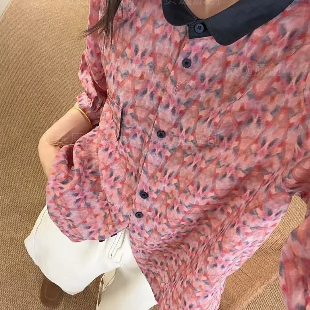 D173-文艺复古撞色娃娃领七分袖碎花苎麻衬衫女春夏季休闲上衣