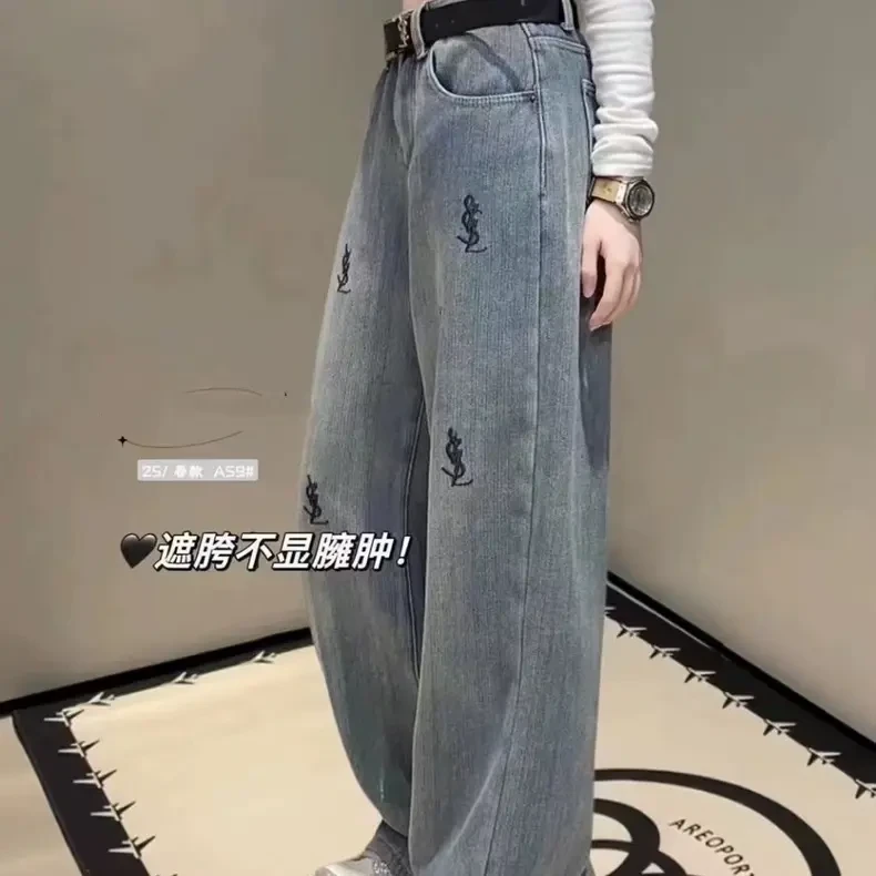 美式复古加绒绣花牛仔直筒无弹长裤