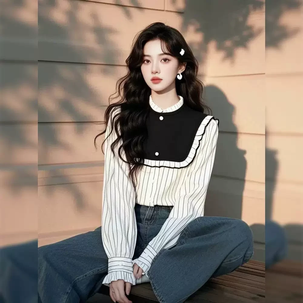 春季撞色条纹假两件长袖衬衫女高级感轻奢减龄洋气开春设计感上衣