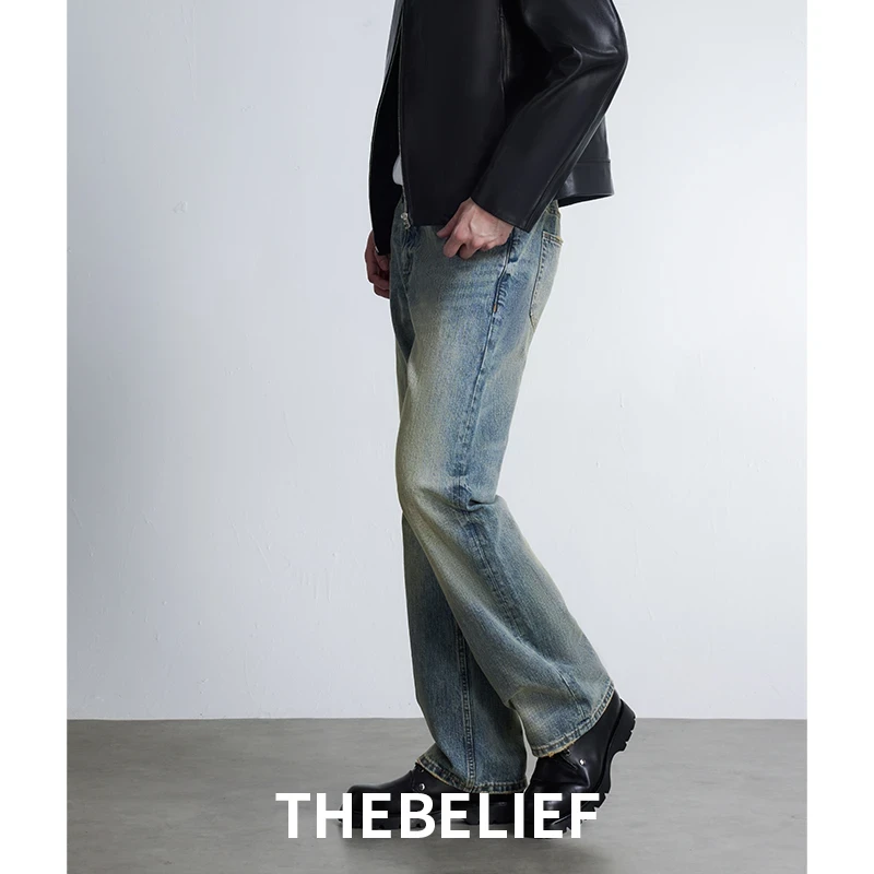 24725#日本KUROKI面料新款复古水洗做旧百搭517微喇牛仔裤蓝色男