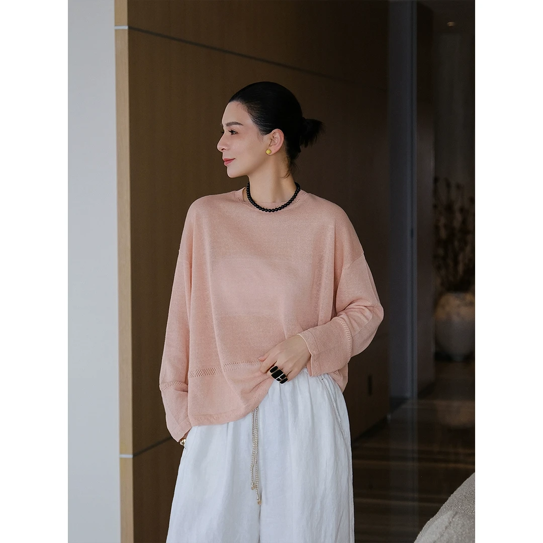 麻霖早春新品亚麻醋酸混纺干爽透气圆领长袖宽松针织上衣