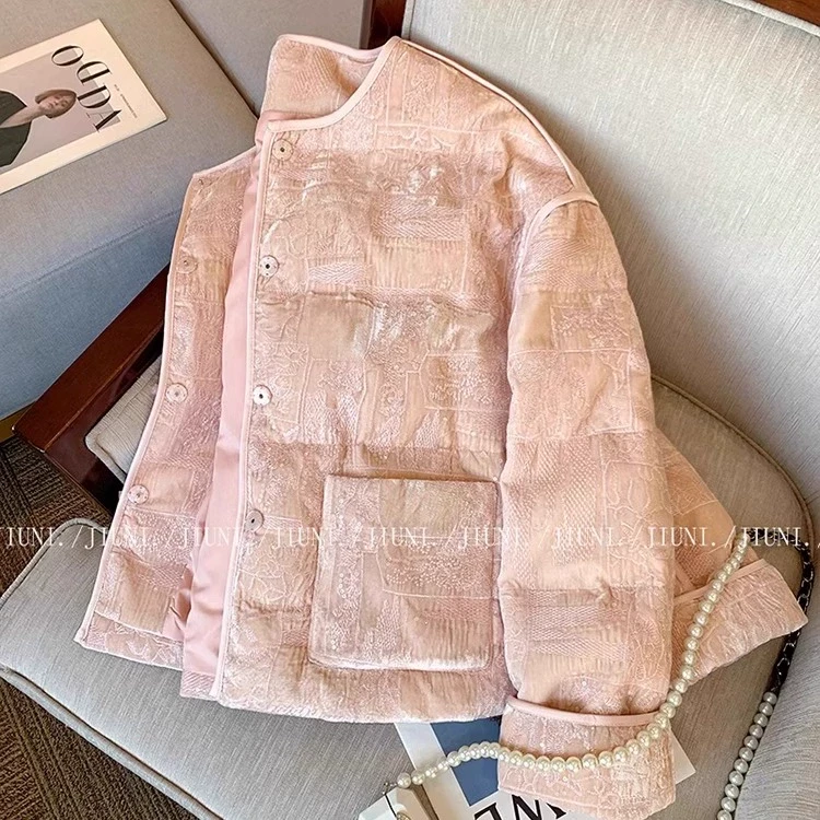 新中式国风羽绒棉服女装冬季大码胖mm高级设计感气质粉色棉衣外套