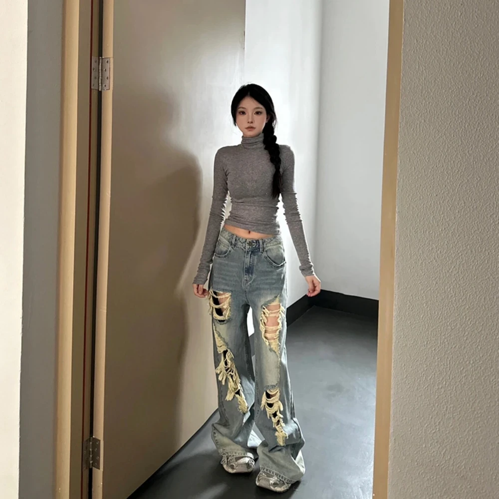 美式辣妹破洞牛仔裤女2025春季新款复古高街设计感高腰宽松直筒裤