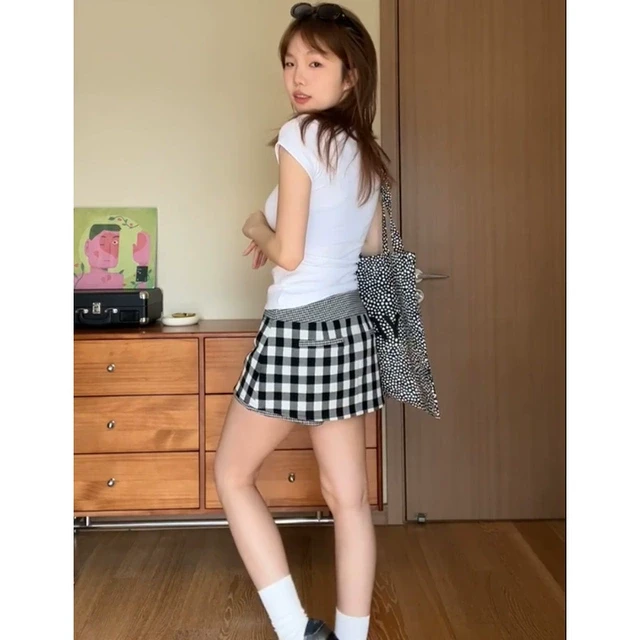 辣妹复古黑白小格纹短裙裤女防走光低腰显瘦休闲百搭A字半身裙
