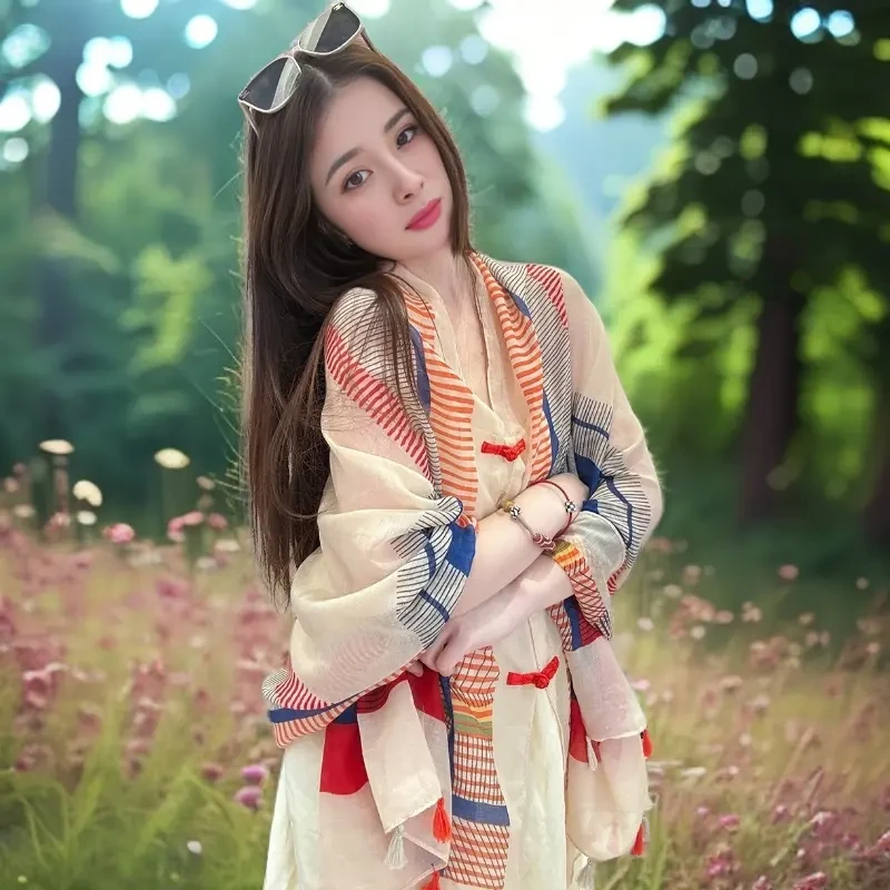 【沫禾围巾】新款春秋百搭盘扣防晒棉麻民族风护颈海边度假旅游披肩