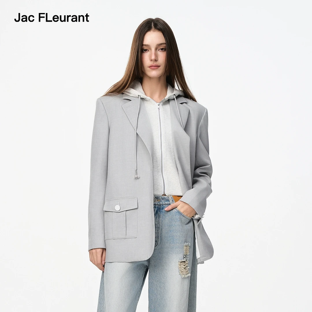 JAC FLEURANT春夏新品灰色假两件拼接连帽拉链卫衣西服休闲