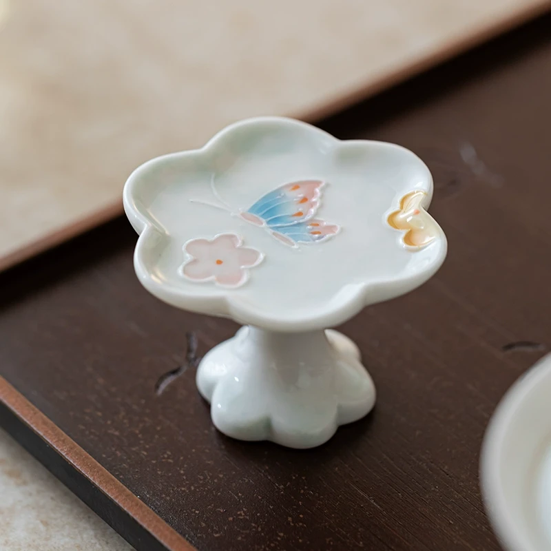 君青蝶舞花口盖置陶瓷盖托创意摆件功夫茶具家用复古茶道零配