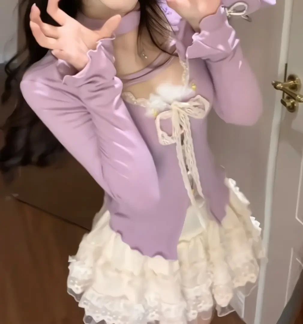 宝藏绿洲2.0 甜辣妹纯欲显瘦修身镂空长袖上衣高腰半身裙两件套女