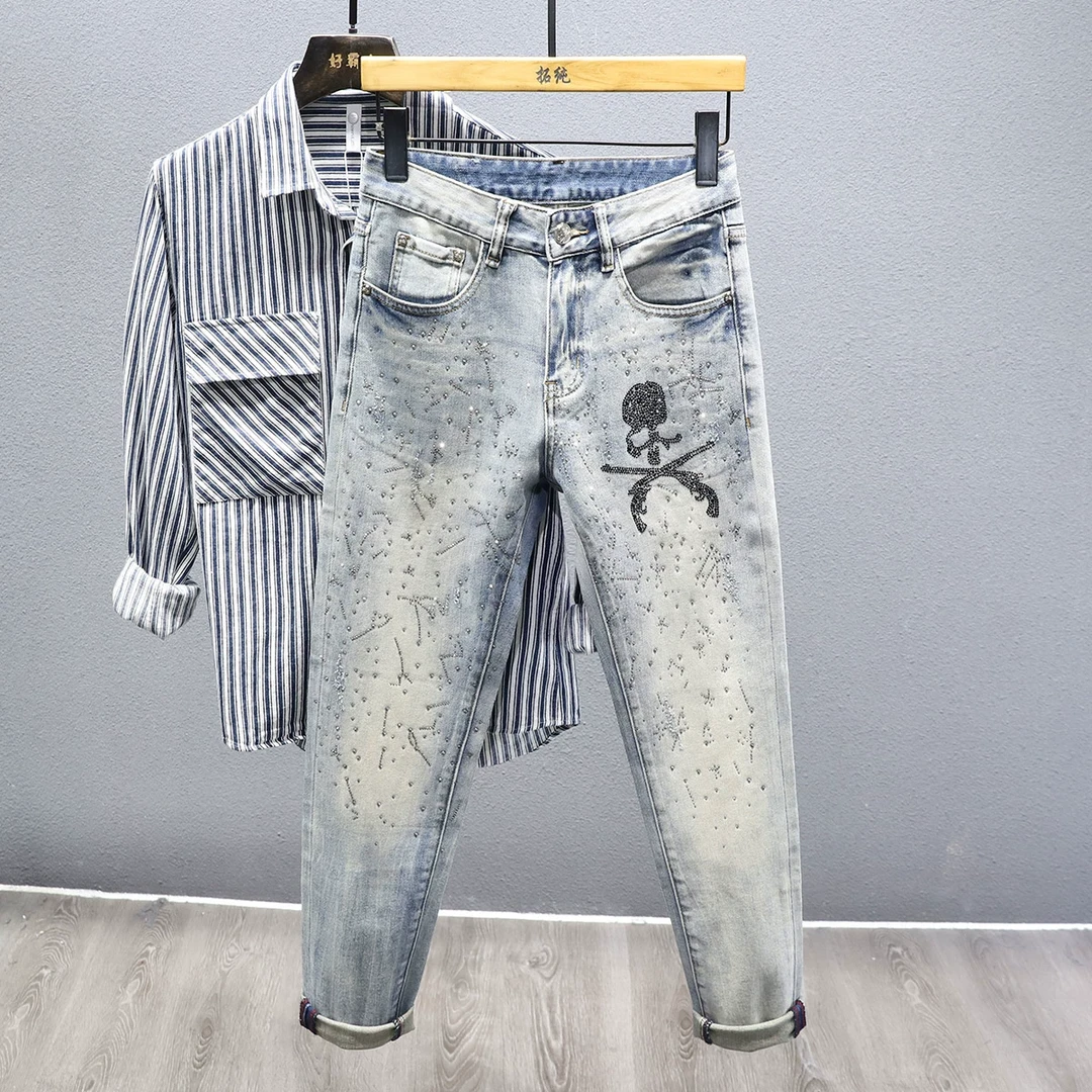欧货新款骷髅头修身百搭浅色牛仔裤男小脚男装男款夏季长裤裤子潮
