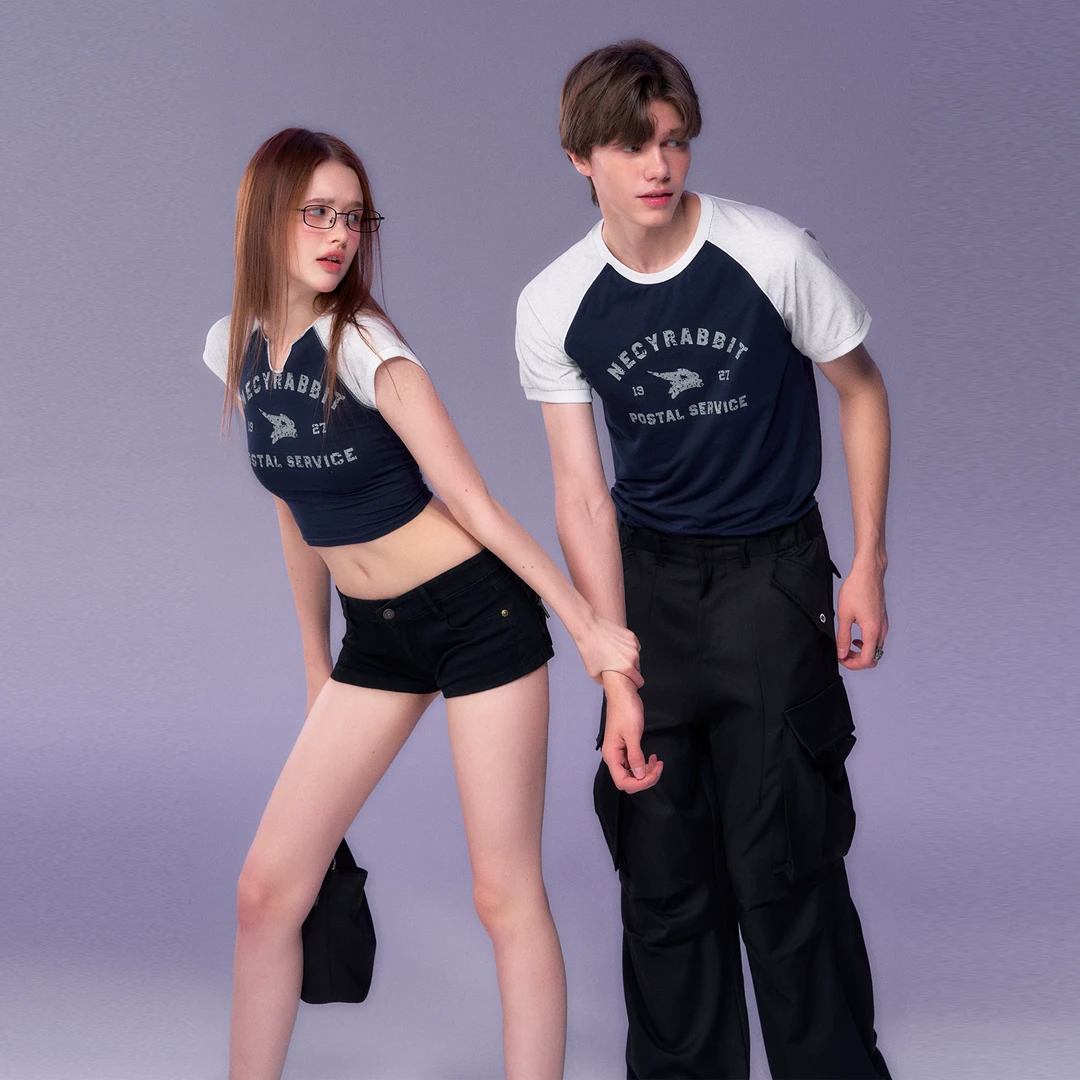 NECY 双色校园风情侣复古印花短袖 正肩内搭显瘦夏季T恤女