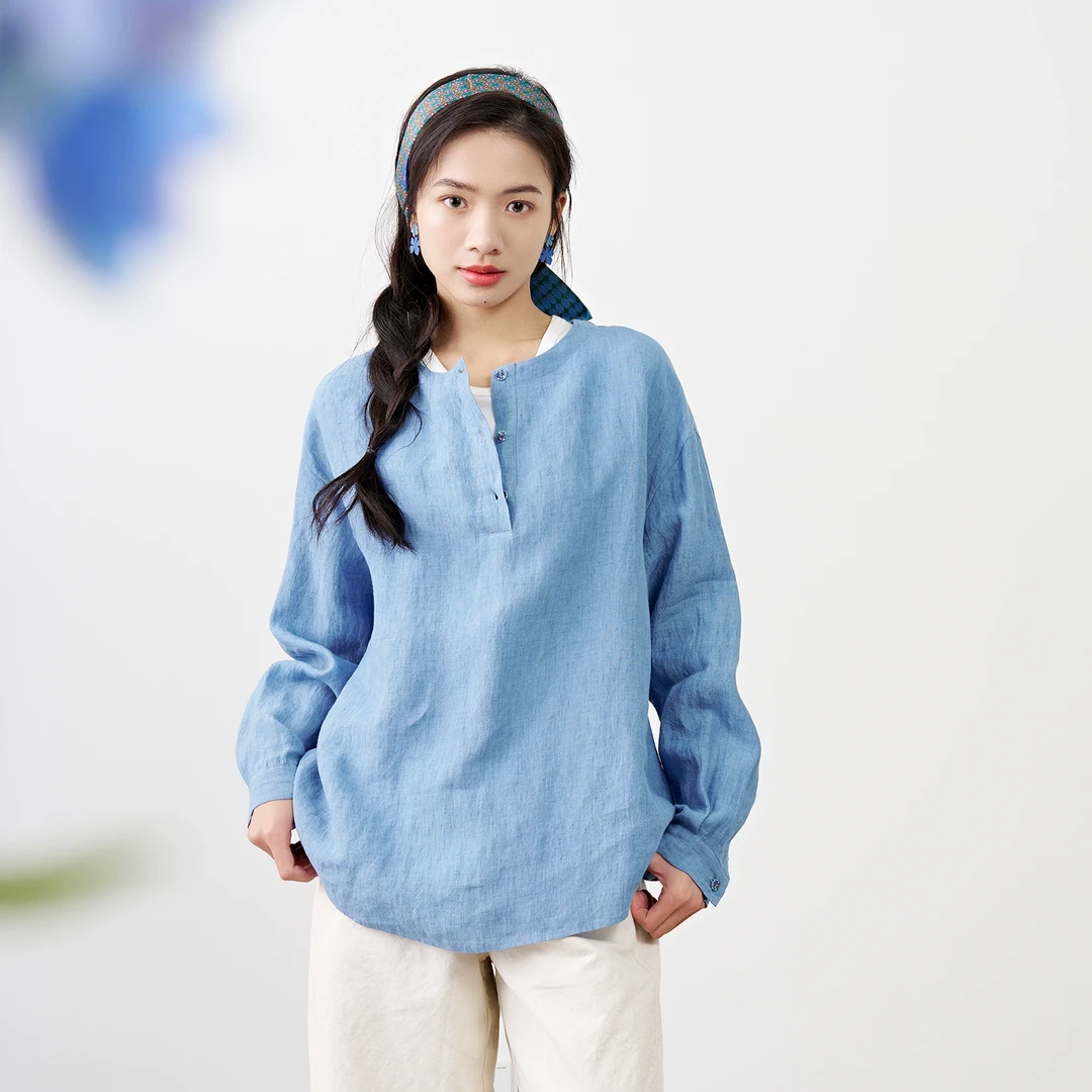 梭家|海岛的南面|简约通勤纯亚麻色织微皱肌理T恤春夏女圆领上衣